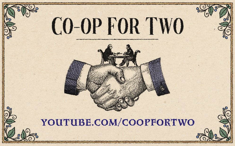 The words "Co-op for Two" above two men sitting at a table one top of two shaking hands