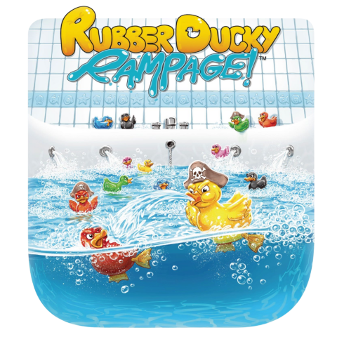 Rubber ducks fighting in a bathtub with the Rubby Ducky Rampage logo on top